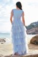 Grey Blue A-Line V Neck Tulle Long Tiered Bridesmaid Dress with Slit Hot on Sale