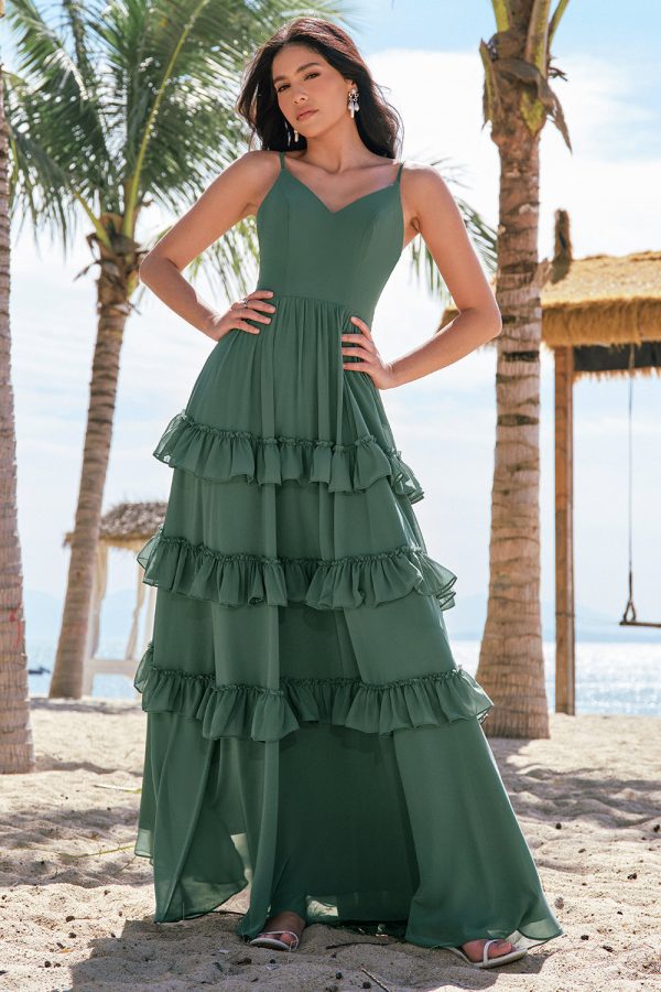 Eucalyptus A-Line Chiffon Tiered Long Bridesmaid Dress Cheap