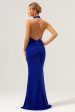 Glitter Blue Mermaid Halter Backless Long Bridesmaid Dress on Sale