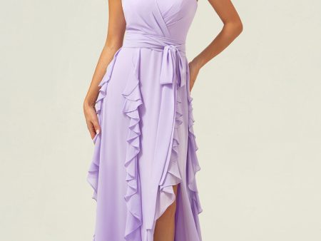 Lilac Spaghetti Straps A-Line Chiffon Ruffled Bridesmaid Dress with Slit For Cheap