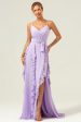 Lilac Spaghetti Straps A-Line Chiffon Ruffled Bridesmaid Dress with Slit For Cheap