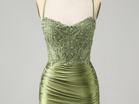 Sparkly Light Green Tight Spaghetti Straps Homecoming Dress with Appliques Discount