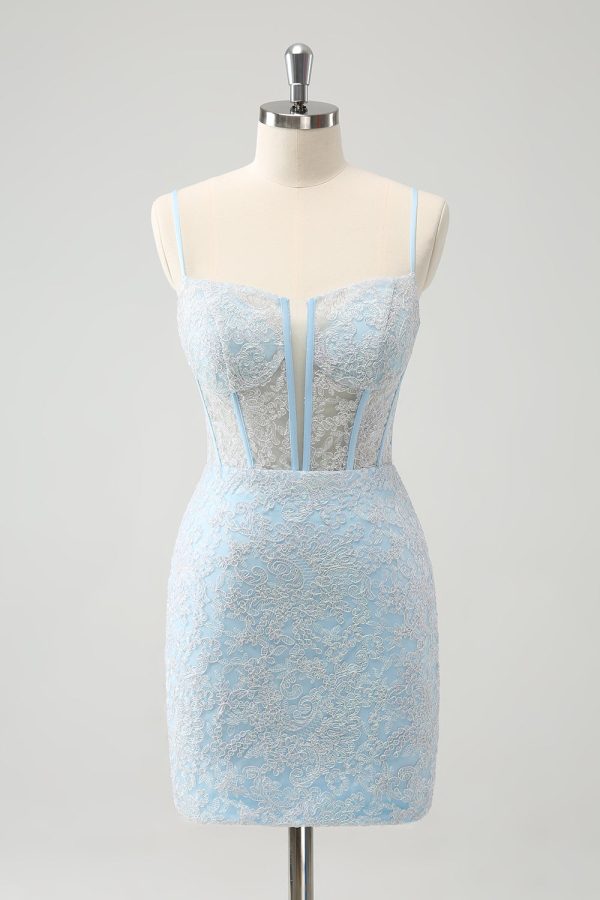 Light Blue Bodycon Spaghetti Straps Corset Homceoming Dress with Sequins Sale