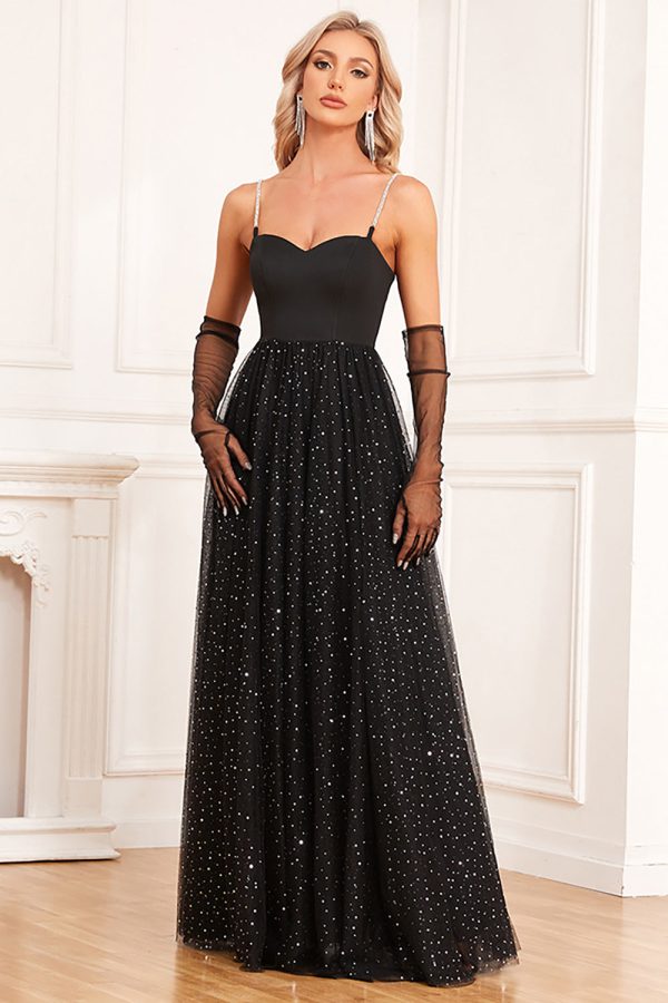 Black A-Line Spaghetti Straps Long Prom Dress For Discount