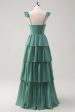 Eucalyptus A Line Corset Tiered Long Bridesmaid Dress with Slit Hot on Sale