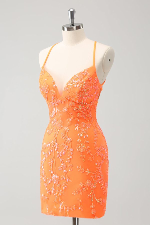 Sparkly Orange Lace-Up Back Tight Short Homecoming Dress with Sequins Online Hot Sale