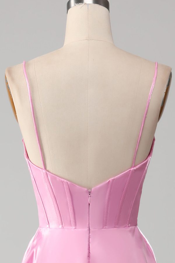 A-Line Spaghetti Straps Pink Corset Prom Dress Online