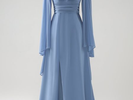 Grey Blue A Line Long Sleeves Chiffon Bridesmaid Dress with Slit Hot on Sale