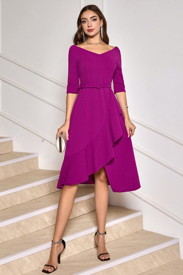 Grape Purple Asymmetrical Midi Cocktail Dress with Half Sleeves Online Hot Sale