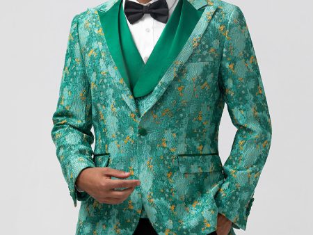 Green Peak Lapel Jacquard One Button 3 Piece Men s Prom Suits Online Sale