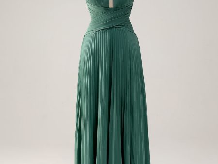 Eucalyptus A Line Halter Neck Chiffon Pleated Long Bridesmaid Dress Supply