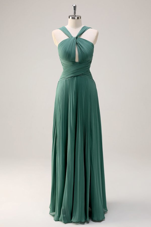 Eucalyptus A Line Halter Neck Chiffon Pleated Long Bridesmaid Dress Supply