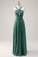 Eucalyptus A Line Halter Neck Chiffon Pleated Long Bridesmaid Dress Supply