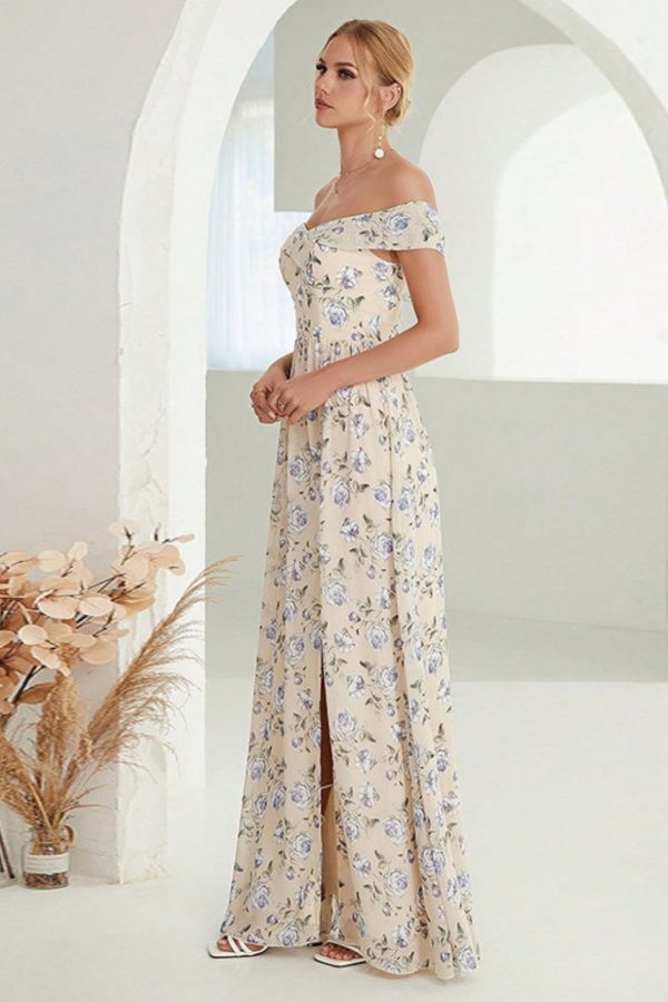 Apricot A-Line Off the Shoulder Floral Long Prom Dress with Slit Fashion