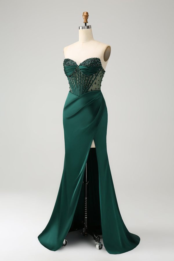 Sparkly Dark Green Mermaid Strapless Beaded Corset Long Prom Dress with Slit Supply