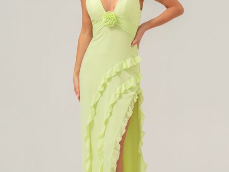 Lime Sheath Deep V Neck Backless Long Bridesmaid Dress with Ruffle Slit Supply