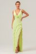 Lime Sheath Deep V Neck Backless Long Bridesmaid Dress with Ruffle Slit Supply