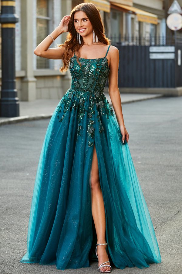 Gorgeous A Line Spaghetti Straps Dark Green Long Prom Dress with Appliques Online now