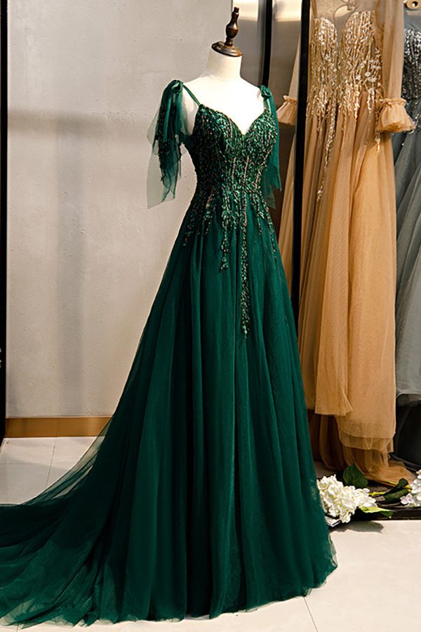 A-Line Spaghetti Straps Dark Green Prom Dress with Beading Supply