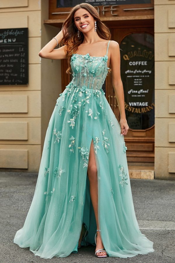 A-Line Green Tulle Corset Prom Dress with Appliques Fashion