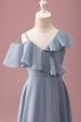 Grey Blue V-Neck A-Line Chiffon High Low Junior Bridesmaid Dress Online