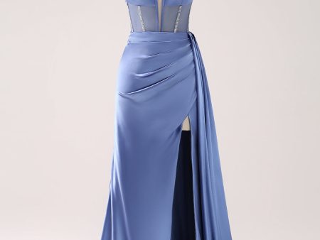 Sparkly Blue Spaghetti Straps Corset Prom Dress with Lace-Up Back Online Hot Sale