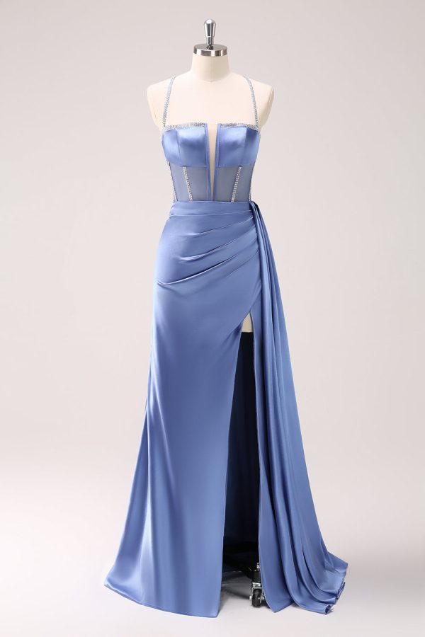 Sparkly Blue Spaghetti Straps Corset Prom Dress with Lace-Up Back Online Hot Sale