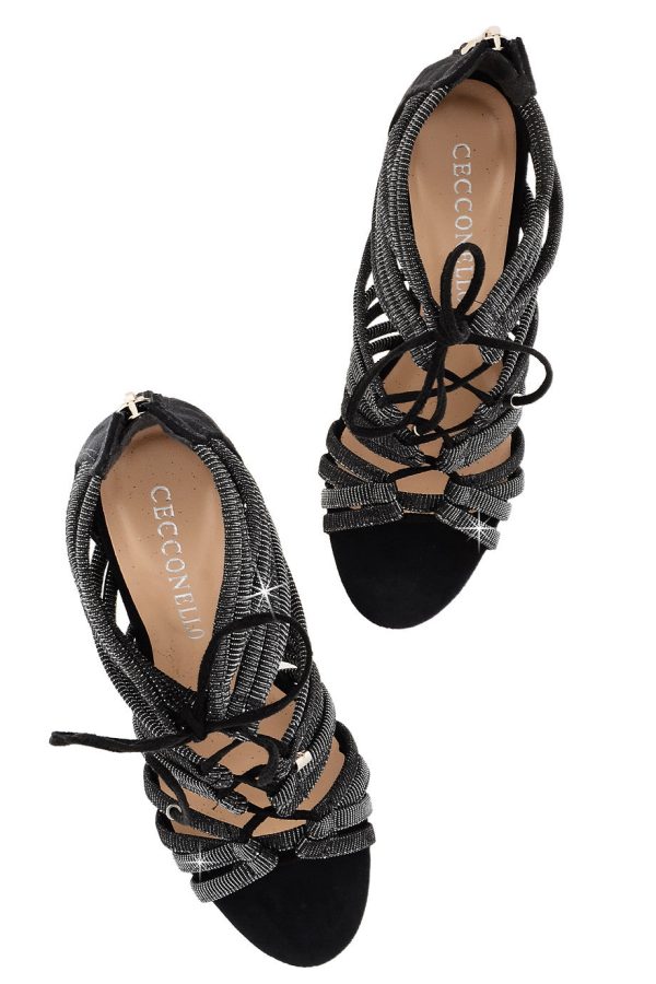 CECCONELLO ALESIA Silver Black Cord Heeled Sandals Hot on Sale