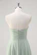 Matcha A Line Strapless Ruched Chiffon Long Bridesmaid Dress Discount