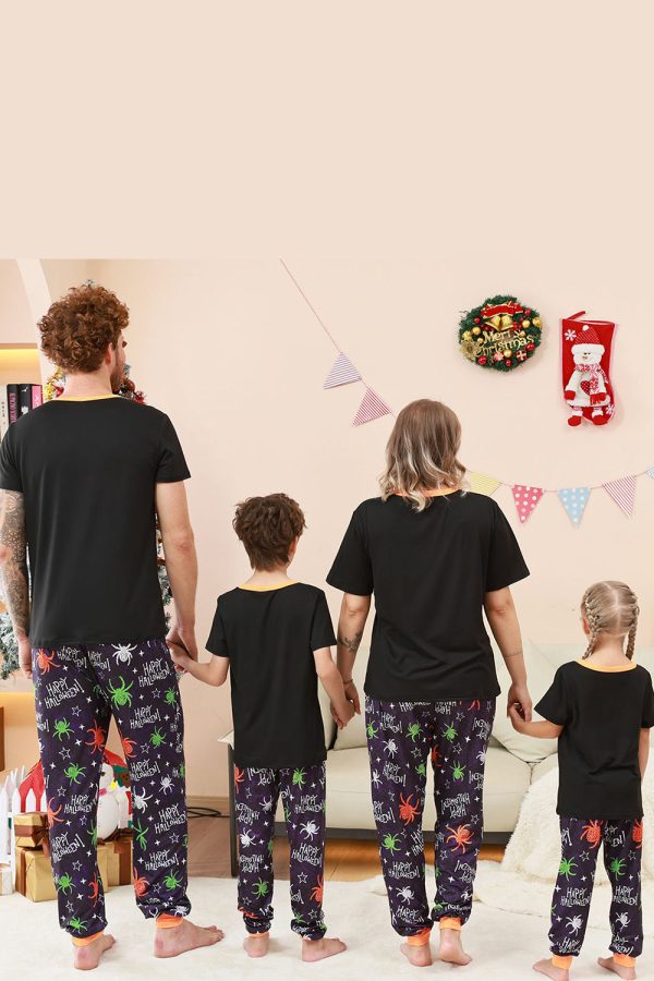 Black and Orange Spider Printed Halloween Family Pajamas Set Sale