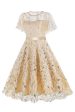 Apricot Sequined Leaf Embroidered Mesh Overlay Elegant Vintage Dress Sale