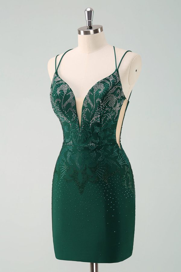 Dark Green Bodycon Spaghetti Straps Short Homecoming Dress with Beading Online now