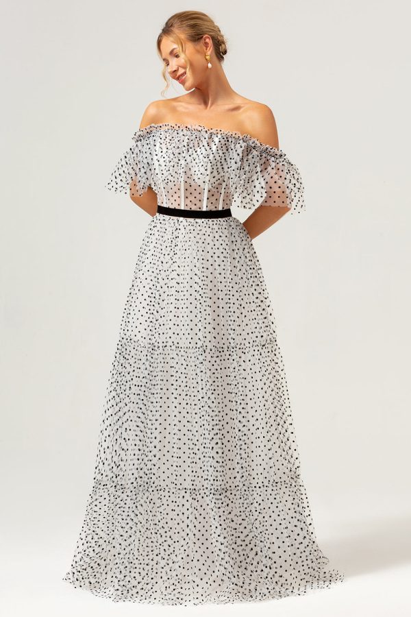 White Black A-Line Off The Shoulder Long Prom Dress with Dot Supply