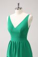 Green A-Line V-Neck Tiered Long Bridesmaid Dress Online now