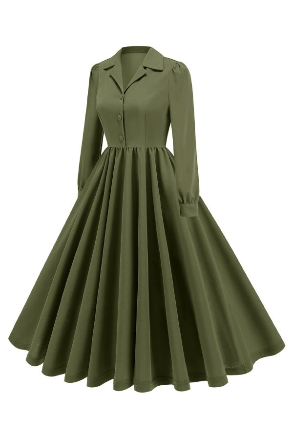 Army Green Notched Lapel Pleated 1950s Dress with Long Sleeves Online