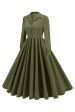 Army Green Notched Lapel Pleated 1950s Dress with Long Sleeves Online