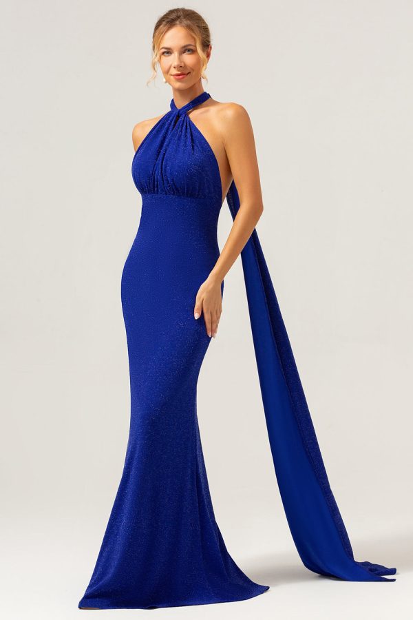 Glitter Blue Mermaid Halter Backless Long Bridesmaid Dress on Sale