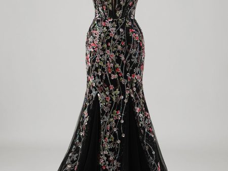 Black Floral Beaded Mermaid Spaghetti Straps Tulle Prom Dress For Sale