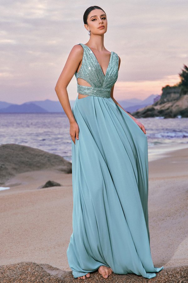 Grey Green A-Line Sequins Chiffon Bridesmaid Dress Hot on Sale