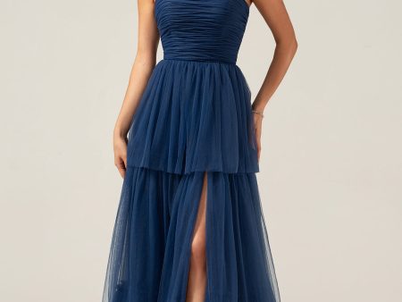 A Line Spaghetti Straps Tiered Navy Tulle Pleated Prom Dress with Slit Online now