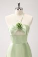 Light Green A-Line Halter Hollow Out Satin Bridesmaid Dress with Flower Online Hot Sale