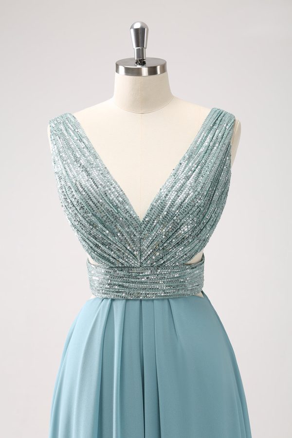 Grey Green V Neck A-Line Sequins Chiffon Long Bridesmaid Dress Sale