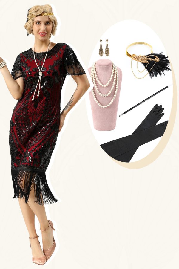 Black Red Sequins Fringed Cap Sleeves 1920s Dress with Accessories Set Online Hot Sale