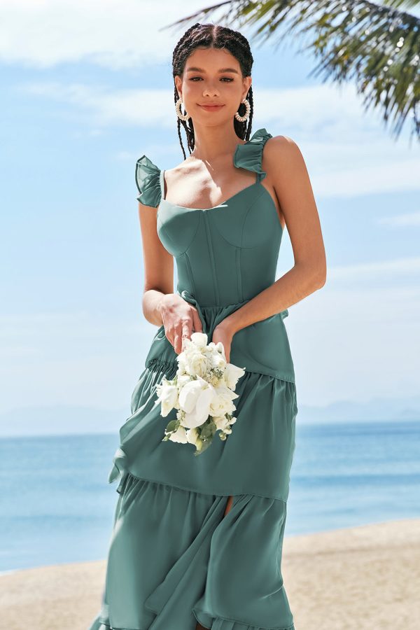 Eucalyptus A-Line Corset Tiered Long Bridesmaid Dress with Ruffle Slit Discount