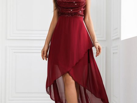 Sparkly Burgundy Spaghetti Straps Asymmetrical Party Dress Online Sale