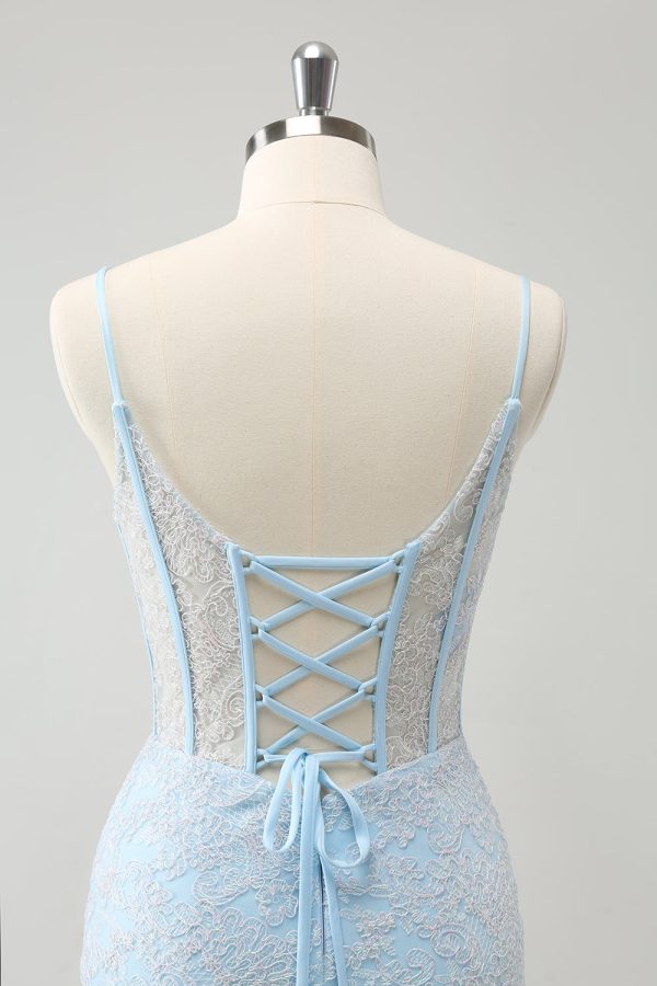 Light Blue Bodycon Spaghetti Straps Corset Homceoming Dress with Sequins Sale