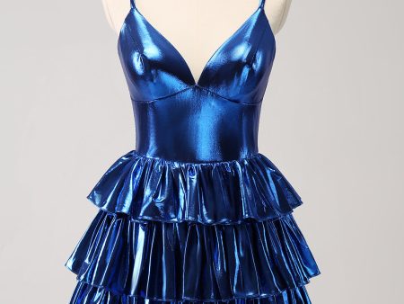 Ink Blue Spaghetti Straps A Line Tiered Short Homecoming Dress Supply