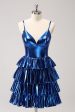 Ink Blue Spaghetti Straps A Line Tiered Short Homecoming Dress Supply