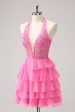 Hot Pink A Line Halter Tiered Corset Short Homecoming Dress with Ruffles Online