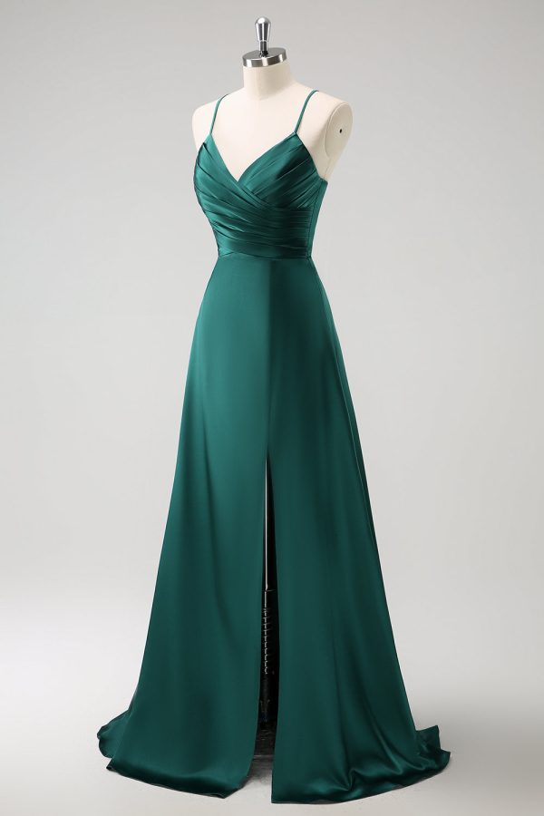 Dark Green A-Line Ruched Lace-Up Back Satin Long Bridesmaid Dress For Discount